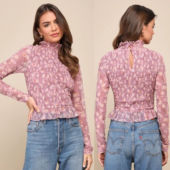 NEW Lulu's Sophisticated Blossom Mauve Pink Floral Mesh Smocked Mock Neck Top XL - Picture 2 of 15